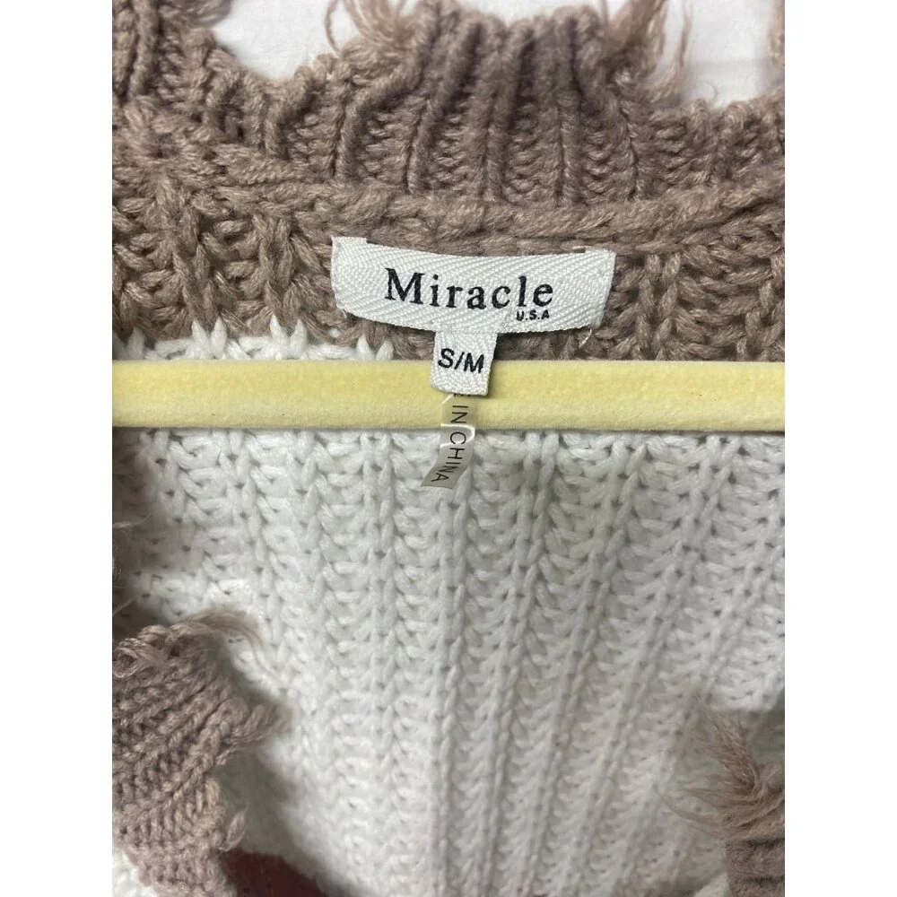 Miracle Womens Knit Sweater S/M Earth Tones Long Sleeve Frayed Hems Boho Chic